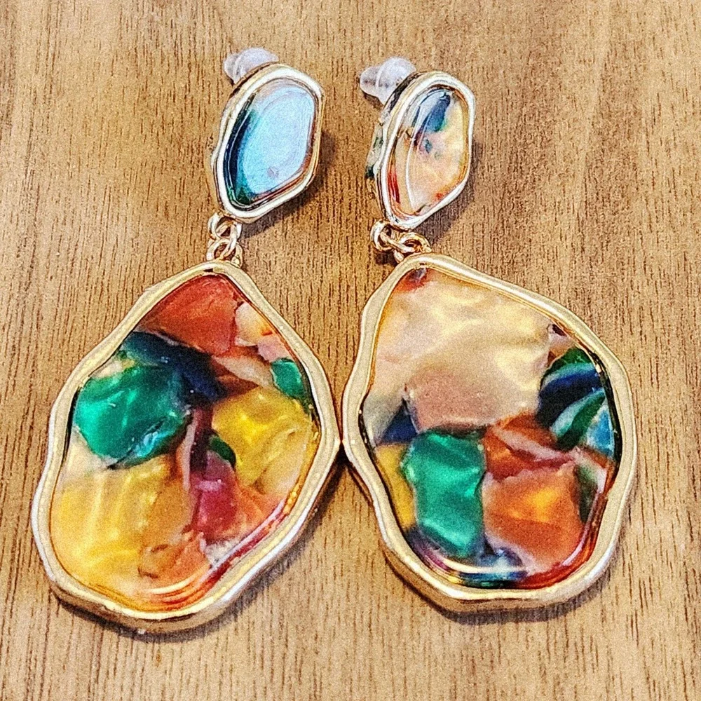 Multicolor Resin Mosaic Gold Tone Organic Shape Drop Dangle Earrings Statement